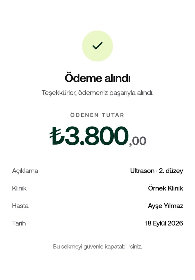 Ödeme sonrası hastanın gördüğü onay sayfası
