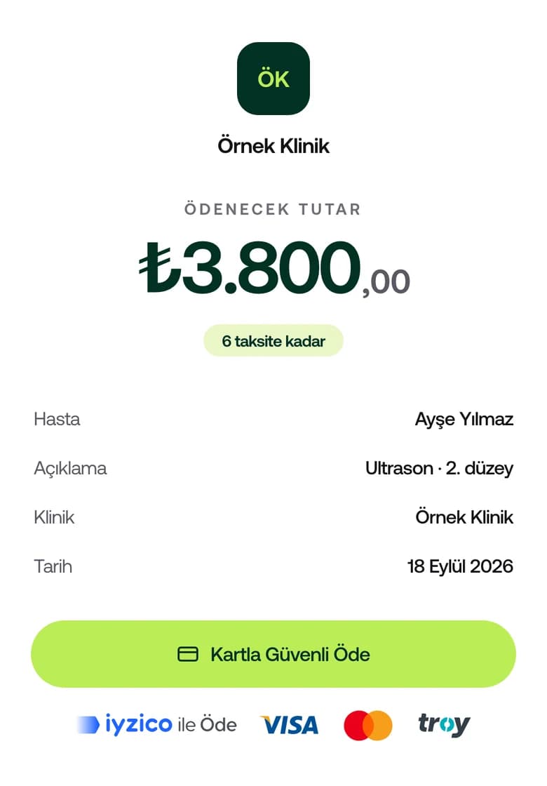 Hastanın açtığı ödeme sayfası: tutar, taksit ve kartla ödeme