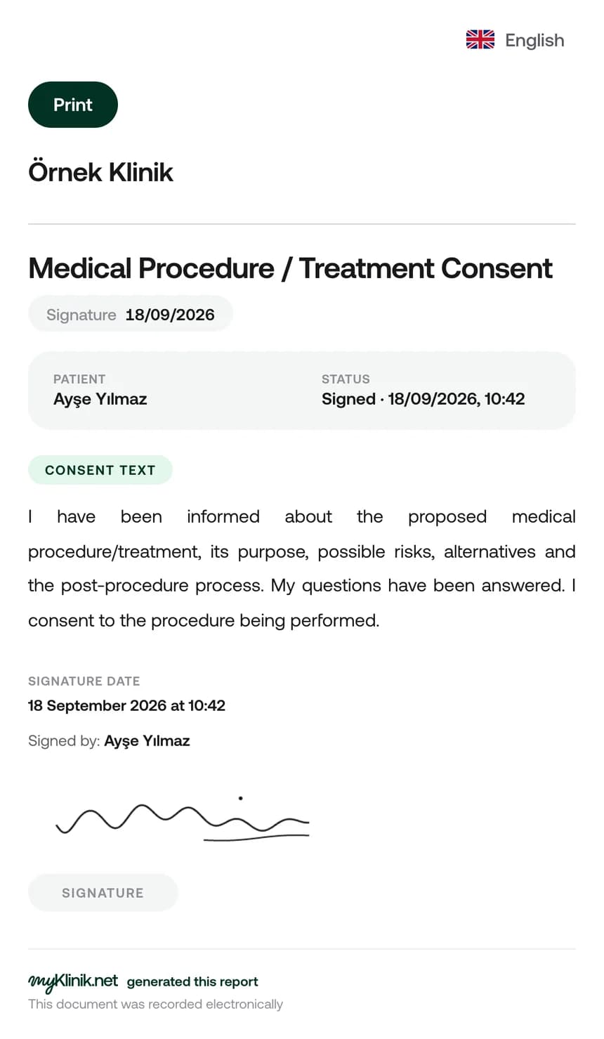 A signed treatment consent in the patient portal