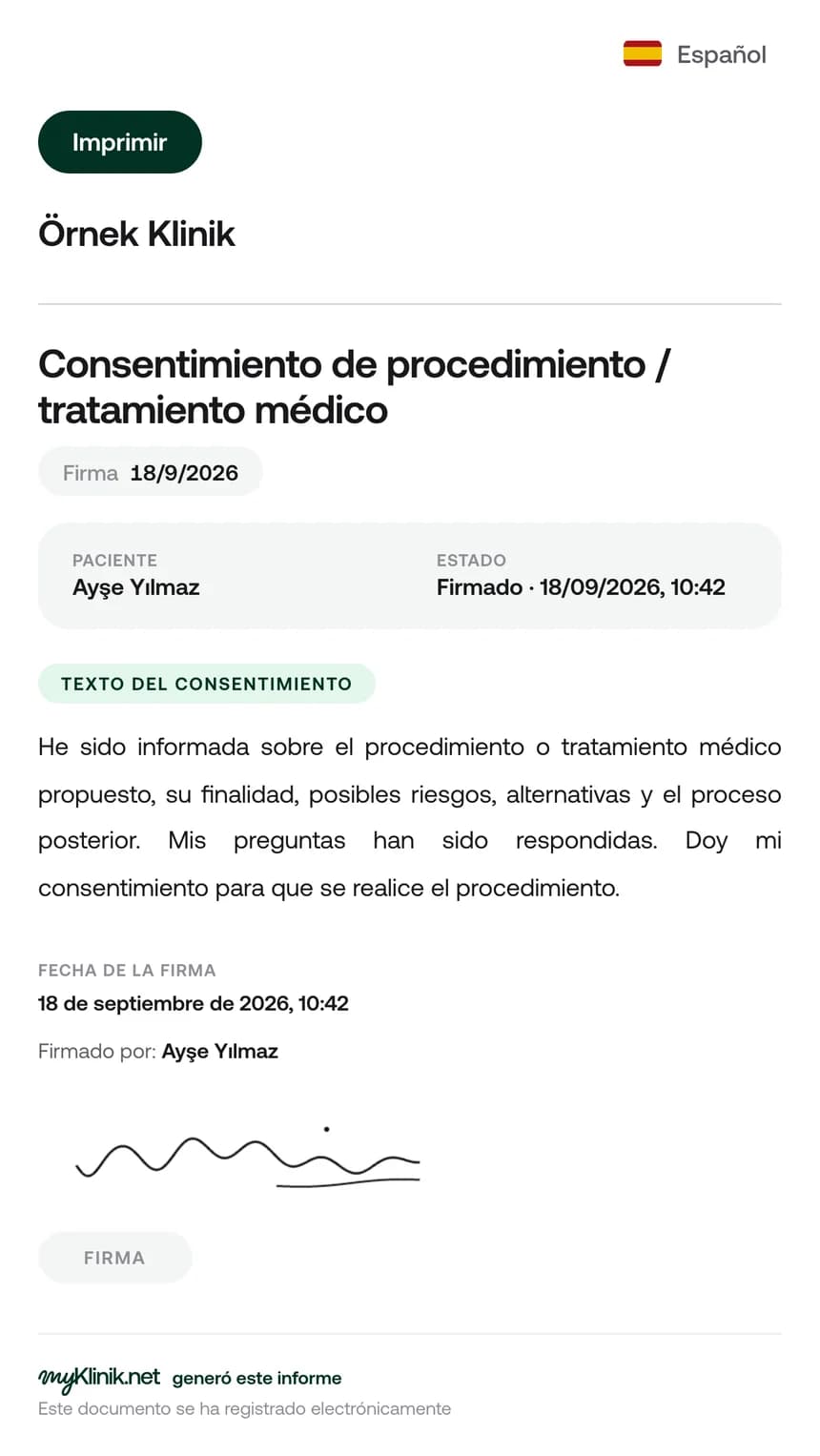Consentimiento de tratamiento firmado en el portal del paciente