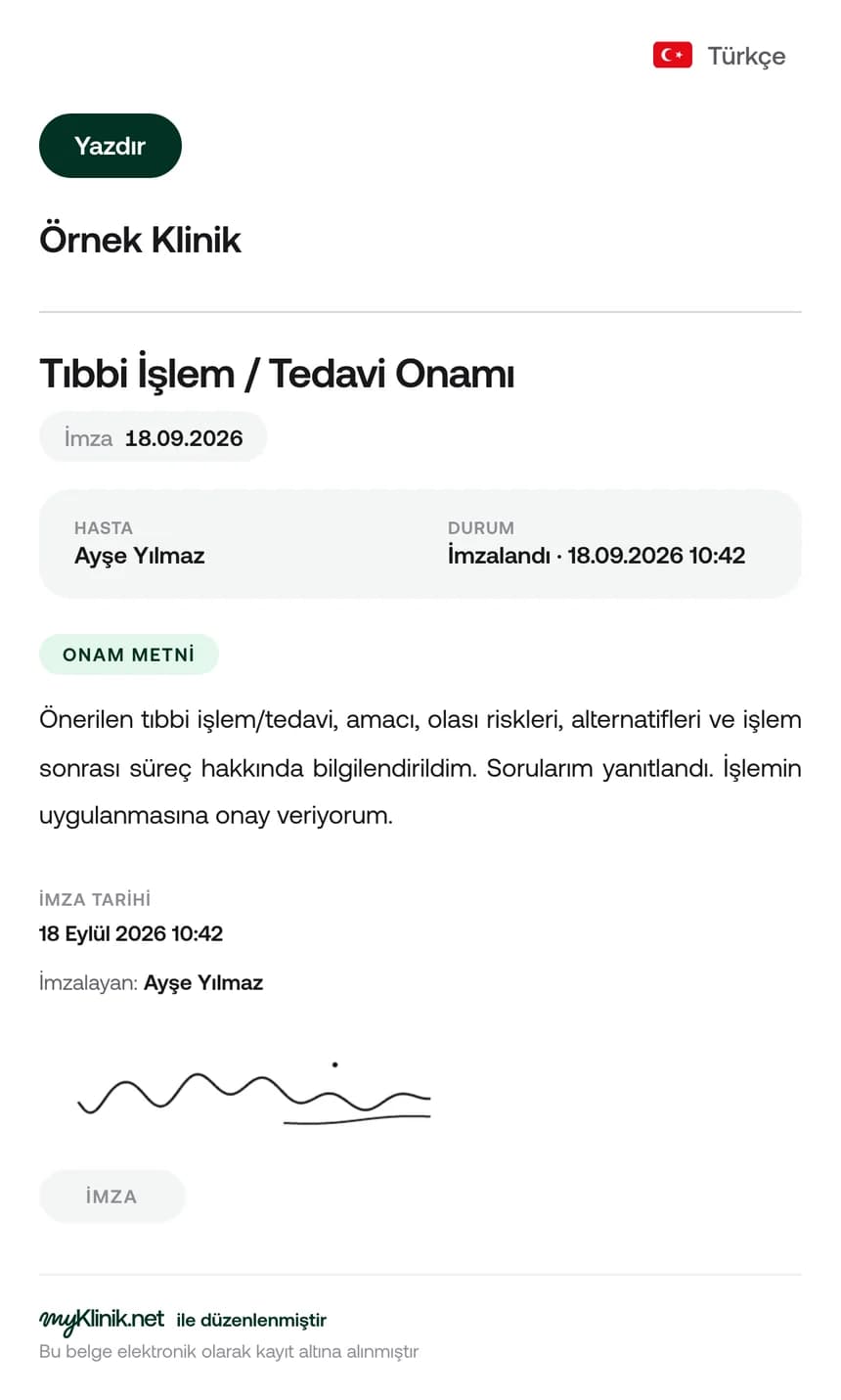 Hasta portalında imzalı tedavi onamı belgesi