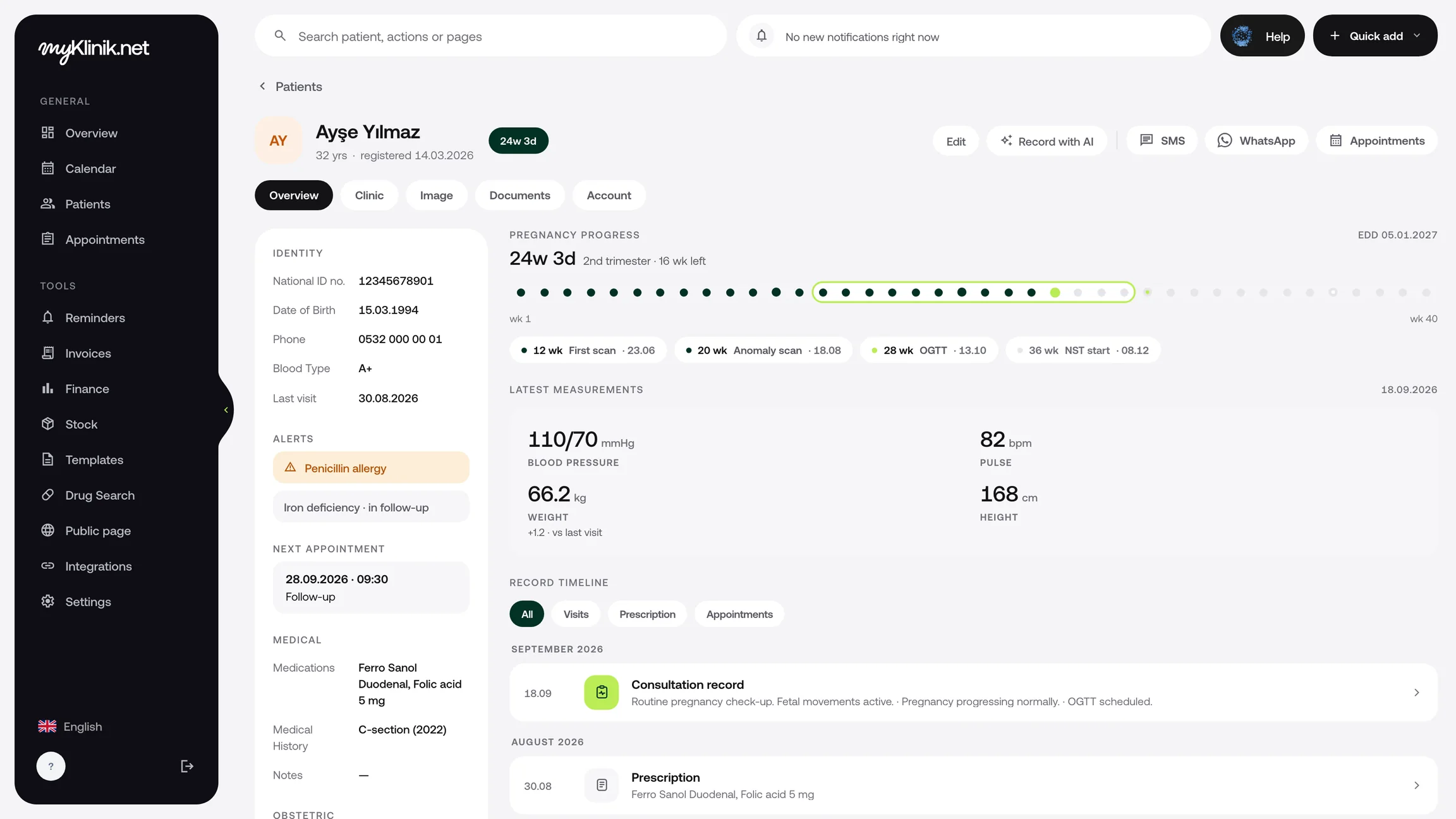 Visit history and clinical information in a MyKlinik patient file